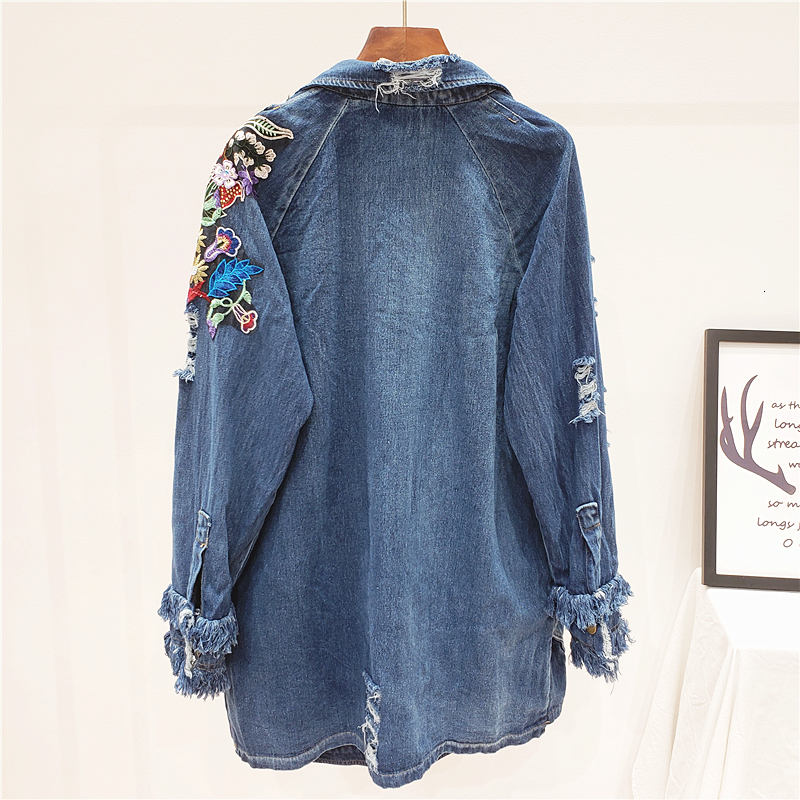 Women's Jackets Harajuku Heavy Duty Work Flower Embryo Hole denim Jacket Women's Street Clothing Autumn Medium Length Loose Casual Jeans Jac