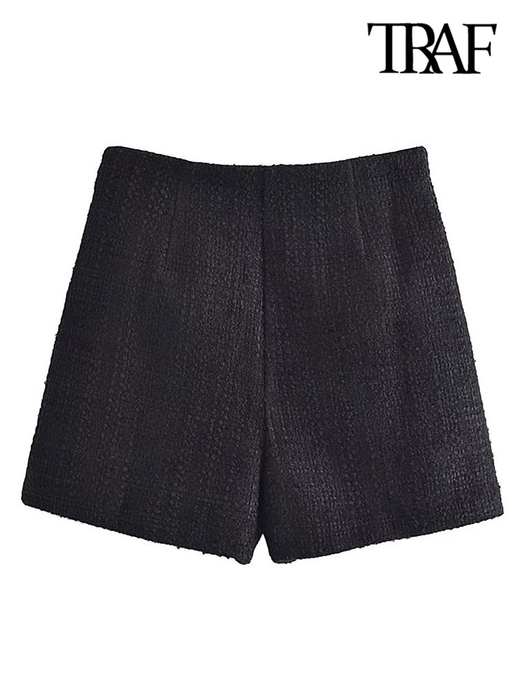 Women's Shorts TRAF Women Fashion Front Metal Buttons Tweed Shorts Vintage High Waist Side Zipper Female Short Pants Mujer 230425