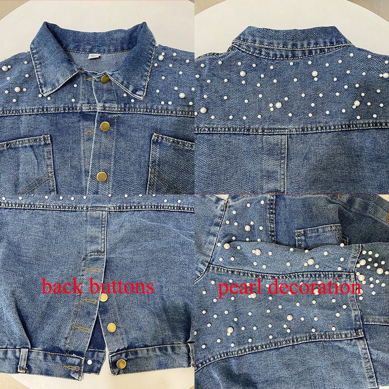 Women's Jackets Rimocy Pearls Denim Coats for Women Fashion Buttons Long Sleeve Crop Tops Woman Blue Loose Streetwear Female 230424