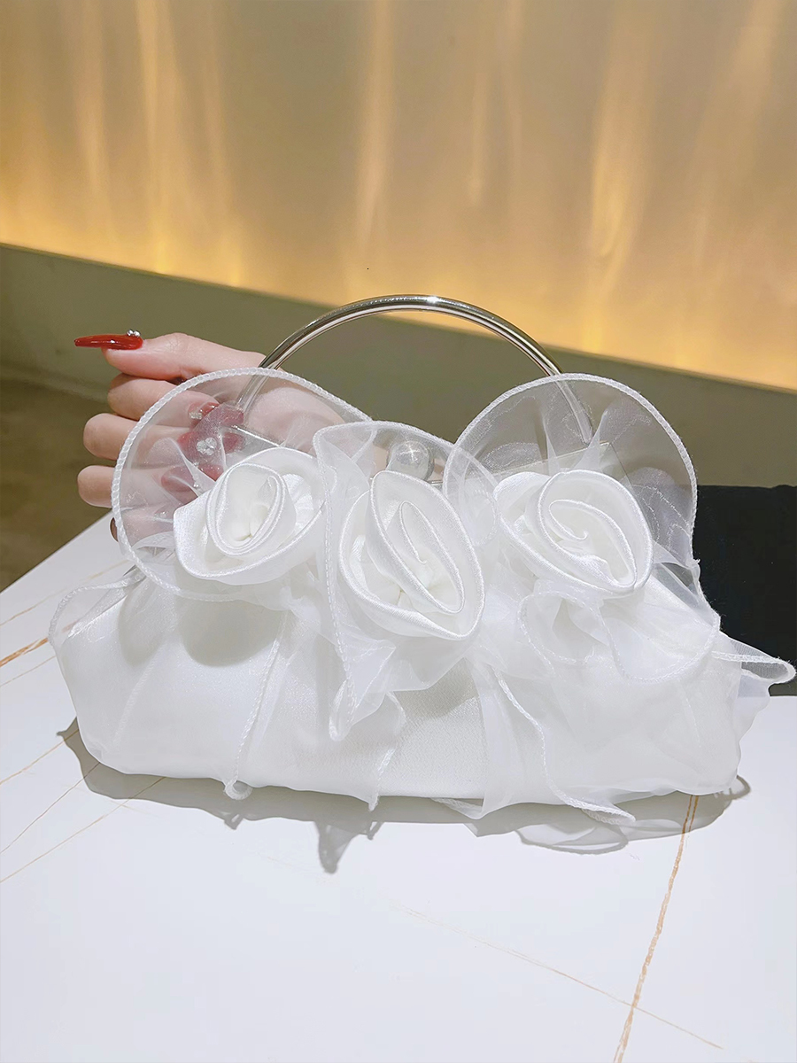 Evening Bags Flower Petal Clutch Bridal Handbag Evening Bag Satin Rose Elegant Purse For Bridesmaid Wedding Party Formal White Handle Bag 230425