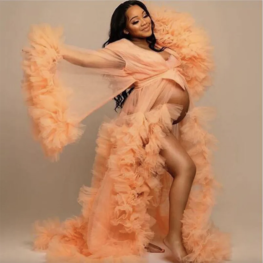 Illusion Ruffles Maternity Photography Long Sleeve Women Photo Shoot Dresses Kimono Pregnant Party Sleepwear Bathrobe Nightgown Robe Shawel