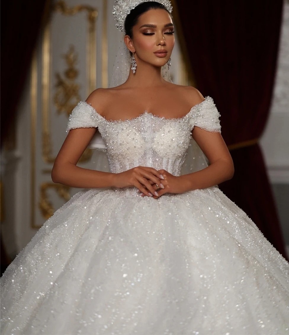 Ball Princess Gown Wedding Dress Arabic Dubai Sequins Beads Off Shoulder Puffy Bride Formal Gowns Vestido De Noiva Custom Made s