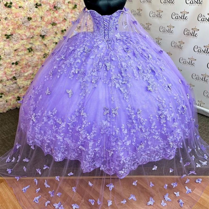 Lavender Shiny V-Neck Ball Gown Quinceanera Dresses Spaghetti Strap Appliques Lace Bow Beads With Cape Vestido De 15 Anos Sweet 16 Dress