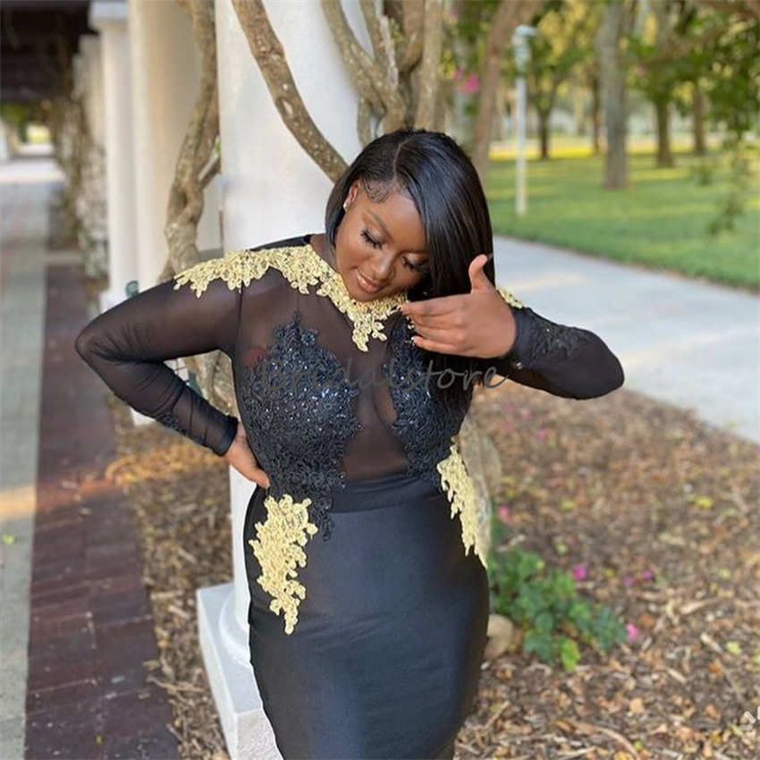 Black Plus Size Prom Dress With Gold Lae Long Sleeve Short African Evening Dresses 2023 Elegant Women Graduation Party Dress Sexy Women Night Formal H