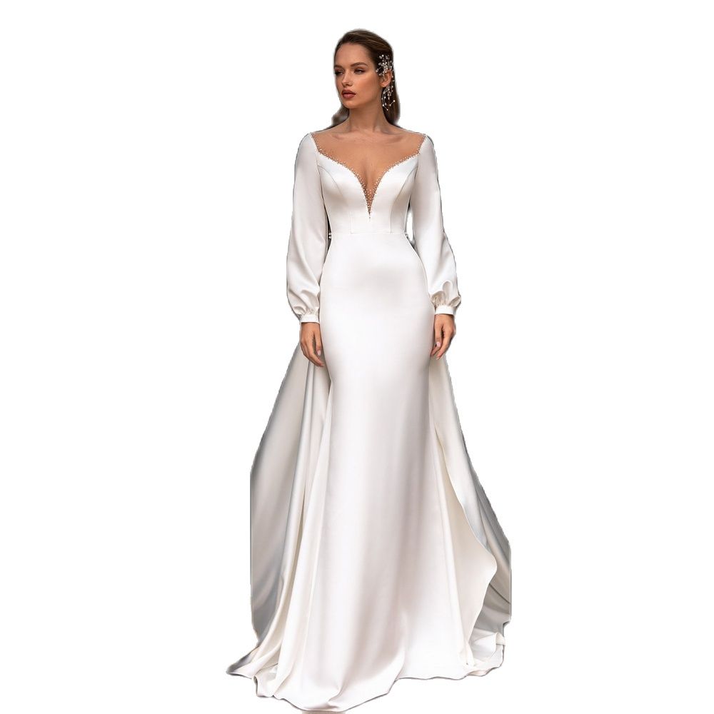 Satin Ful Wedding Dresses Sheer Neck Puffy Long Sleeve Bead Bridal Gown Detachable Train Robe De Mariee