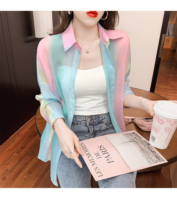 Womens new design blouse turn down collar tie-dying gradient print chiffon loose sunscreen shirt SMLXL
