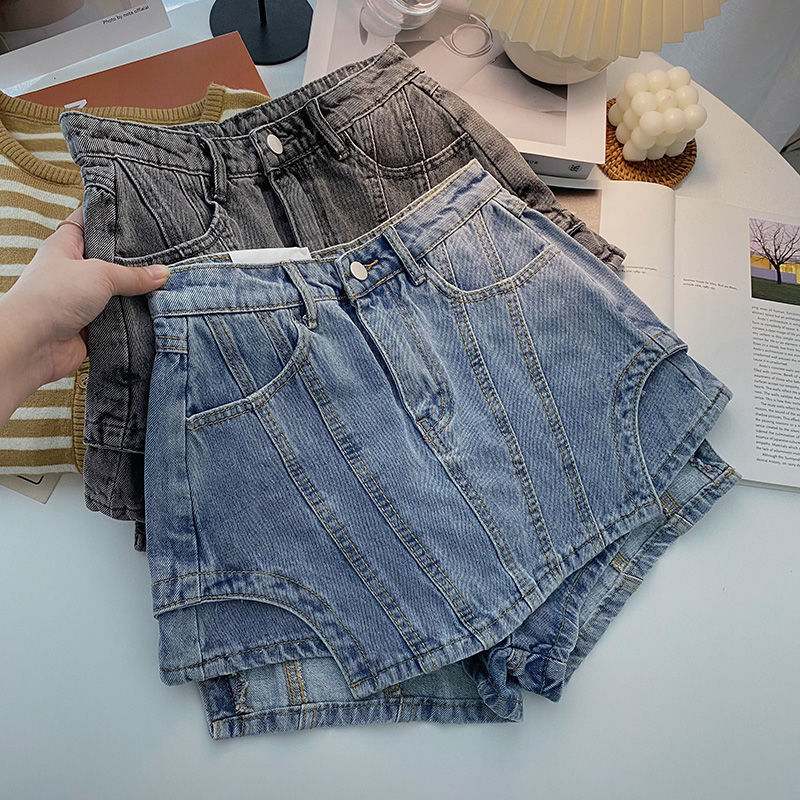 Women's Shorts Summer Women's Blue Black Shorts Fashion High Waist Spliced Solid Color Irregular A-line Wide Leg Denim Shorts Female 230425