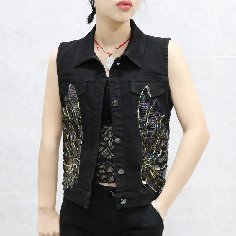 Women's Vests Korean Fashion Denim Vest Female Spring Summer Coats Sequined Sleeveless Short Jacket Women Jean Waistcoat Outerwear 230424