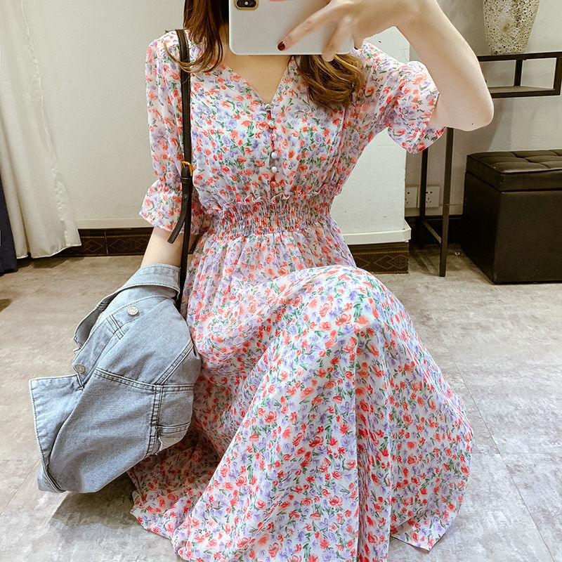 Casual Dresses Enlarge Korean Puff Sleeve Chiffon Party Dress Fashion Casual Flowers V-Neck Mini Dress Grace Fall Dresses For Women 230425