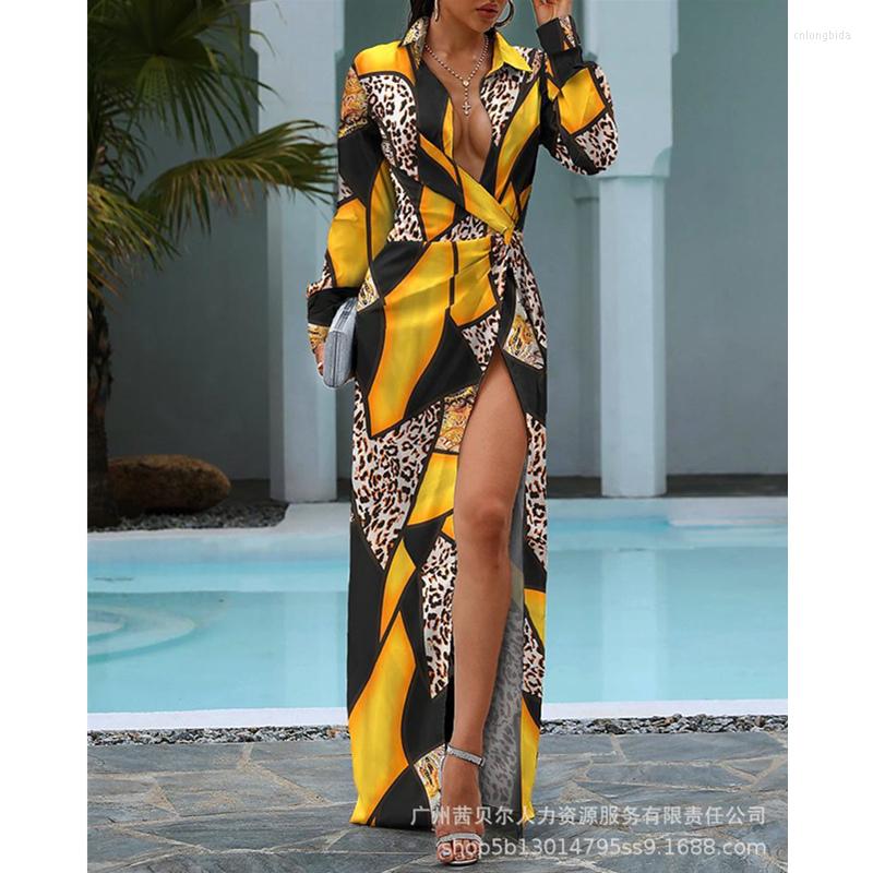 Casual Dresses Women Elegant Long Sleeve Turn Down Collar Folds Slit Floor Length Dress Print Colorblock Twisted Shirt
