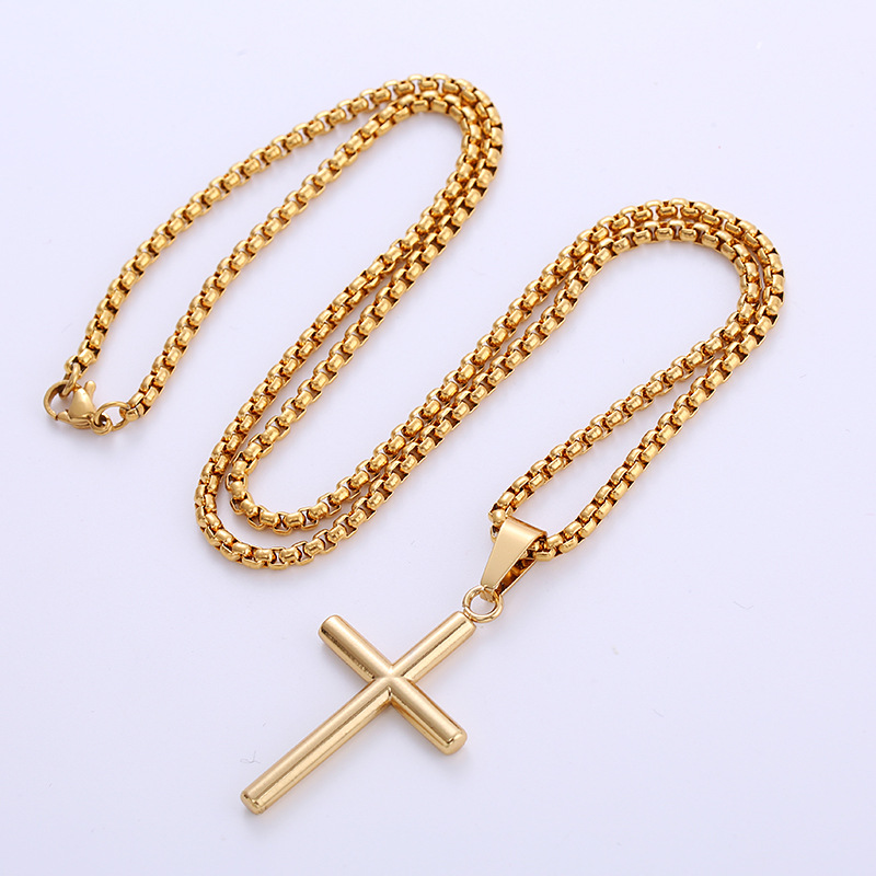 Women Mens Smooth Cross Pendant Necklace Simple Fashion Gold Stainless Steel Box Rolo Chain Jewelry for Friends Boyfriends Girlfriends Gifts