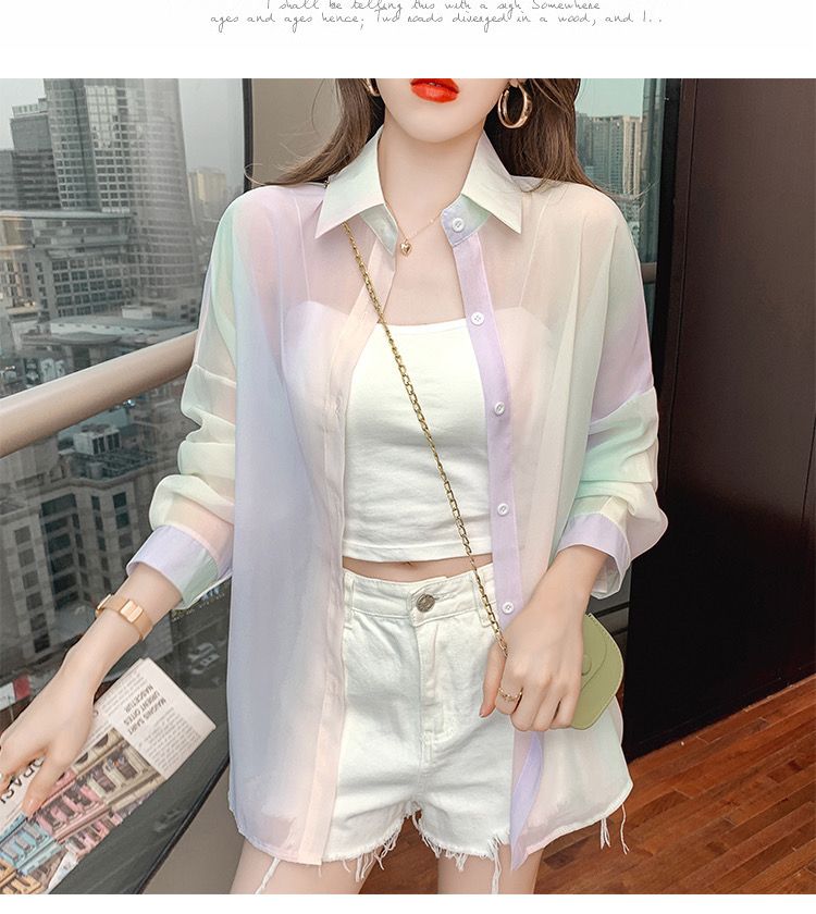 Womens new design blouse turn down collar tie-dying gradient print chiffon loose sunscreen shirt SMLXL