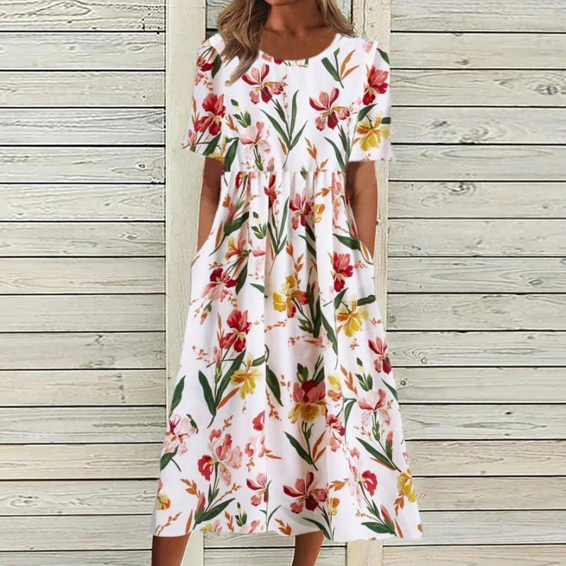 Casual Dresses Vintage Flower Print Women Dress Summer V Neck Pocket Short Sleeve Loose Beach Mini Dresses Casual Lady Maxi Dress Femme Vestido 230505