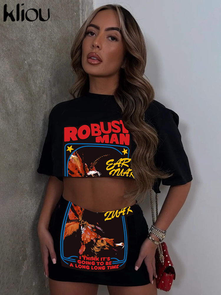 Two Piece Dress Kliou Street Style Print Two Pieces Set Women Casual Crew Neck Bare Midriff Crop Tops Mini Hip Skirt Ladies Trendy Streetwear 230424