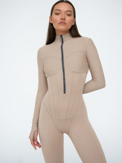 Women's Jumpsuits Rompers Sibybo women's jumpsuit autumn tight short sleeved zippered body sportswear street sexy black sports fitness 23042