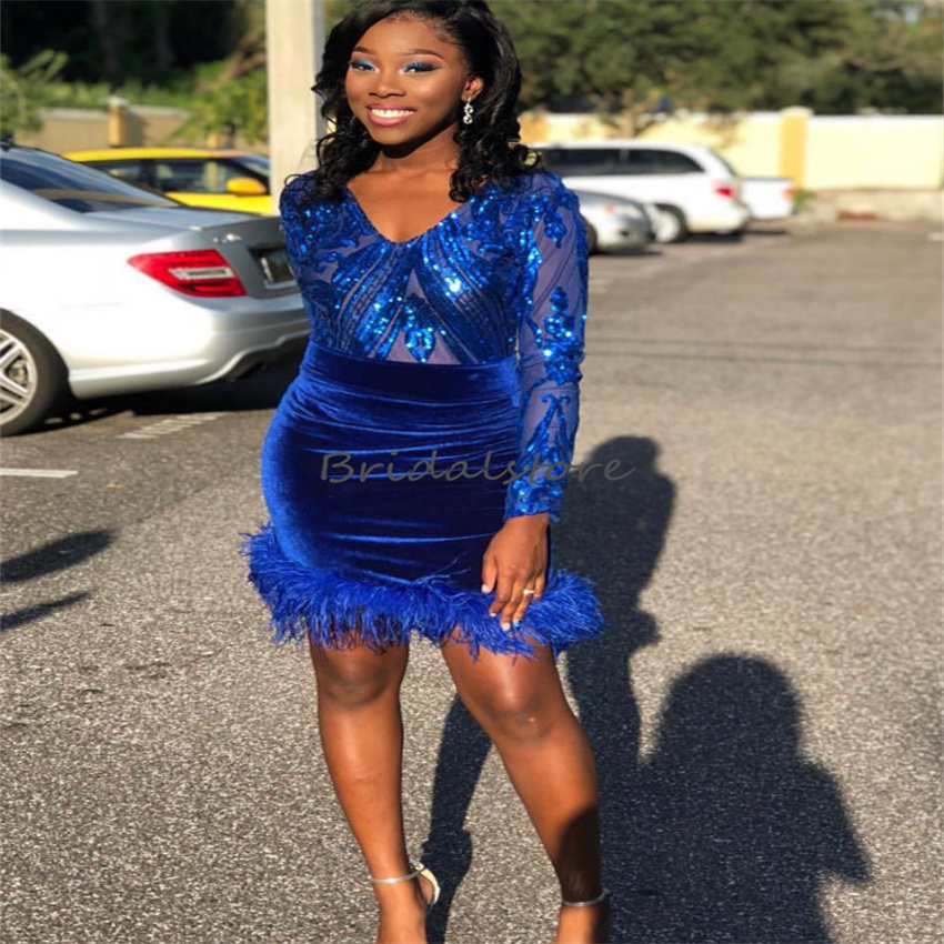 Royal Blue Sequin Short Prom Dress With Feather 2023 New in V Neck Sheah Cocktail Party Dresses Velvet Night Formal Graduation Robe De Soiree Black Gi