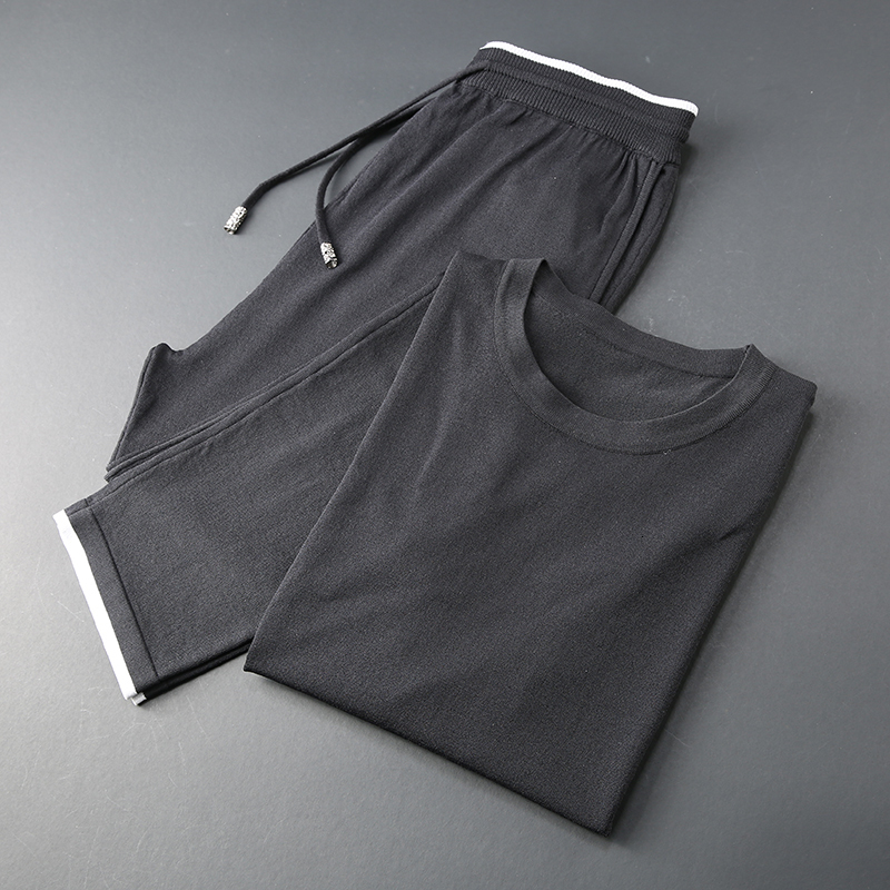 Men's Tracksuits JSBDSummer high-end knitting two-piece silk breathable fabric men casual color contrast short sleeve sports suit thin 230425