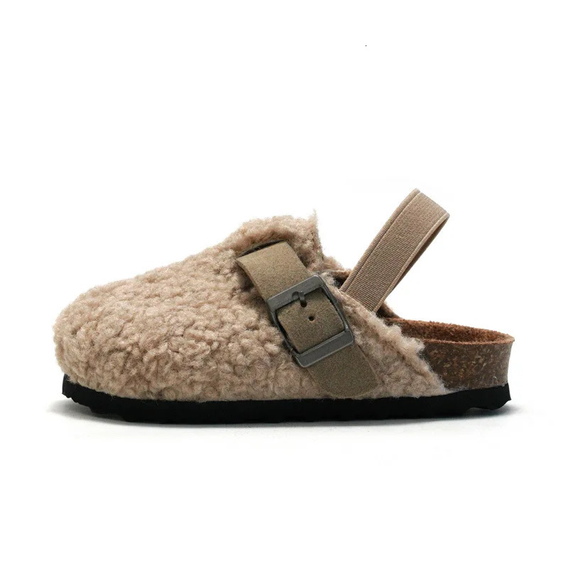 Slipper Child Baby Boys Girls Warm Fuzzy Plush Sandals Cork Faux Fur Flats Toddler Prewalker Elastic Back Strap 231124