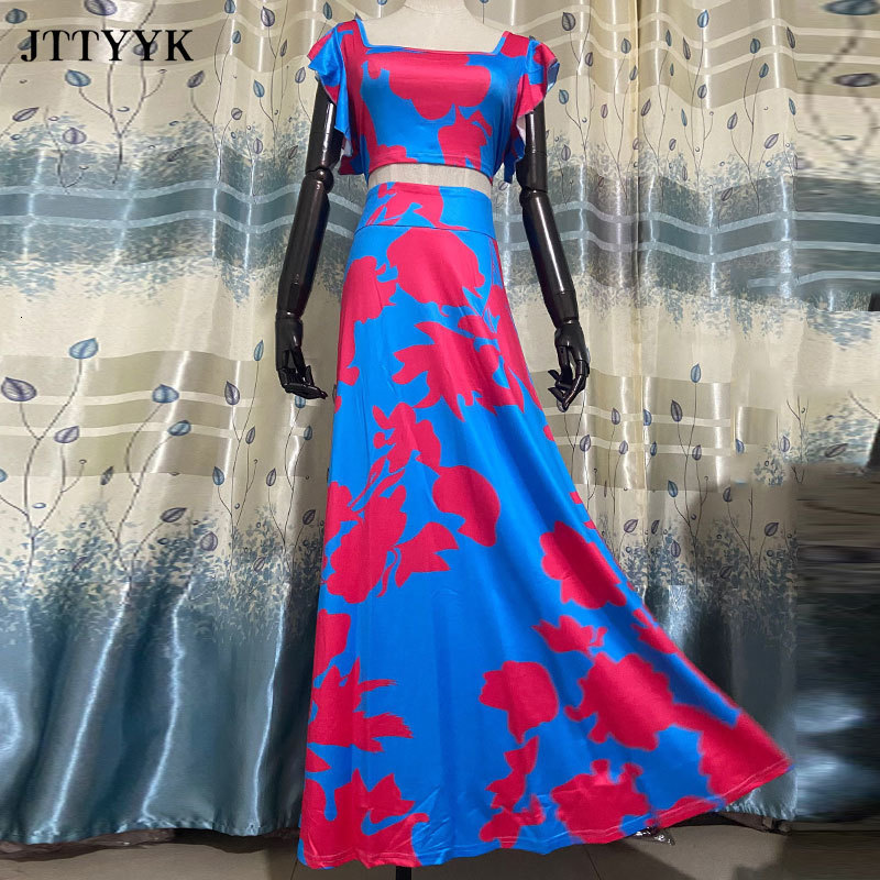 Two Piece Dress Large Size Summer 2 Piece Set Women Crop Top High Waist Long Skirt Set Maxi Matching Sets Printed Boho Sexy Beach Dresses Set 230424