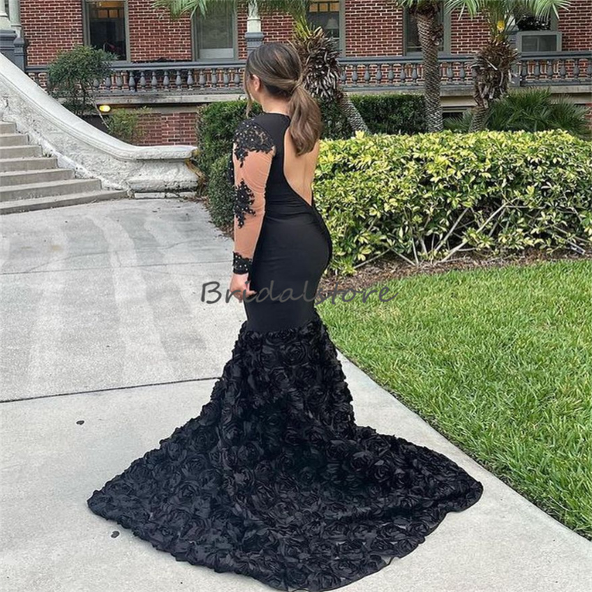 Black Rose Florals Mermaid Prom Dress With Long Sleeve Plus Size Evening Dress Vintage Beaded Lace Sexy Backless Birthday Gowns 2023 Elegant Formal Oc