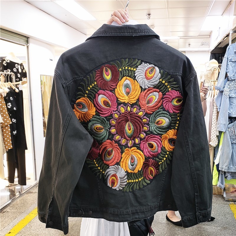 Women's Jackets JXDHK Streetwear Flower Embroidery denim Jacket Retro Women's Spring and Autumn Polo Loose Casual Denim Jacket 230425