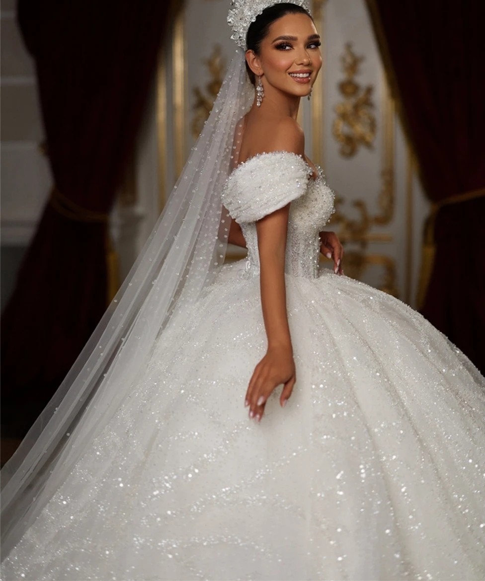 Ball Princess Gown Wedding Dress Arabic Dubai Sequins Beads Off Shoulder Puffy Bride Formal Gowns Vestido De Noiva Custom Made s