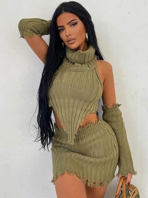 Two Piece Dress Hugcitar Ribbed Turtleneck Backless Irregular With Gloves Crop Sweater Top Skirt 2 Pcs Set Autumn Women Vacation Rave Party 230425