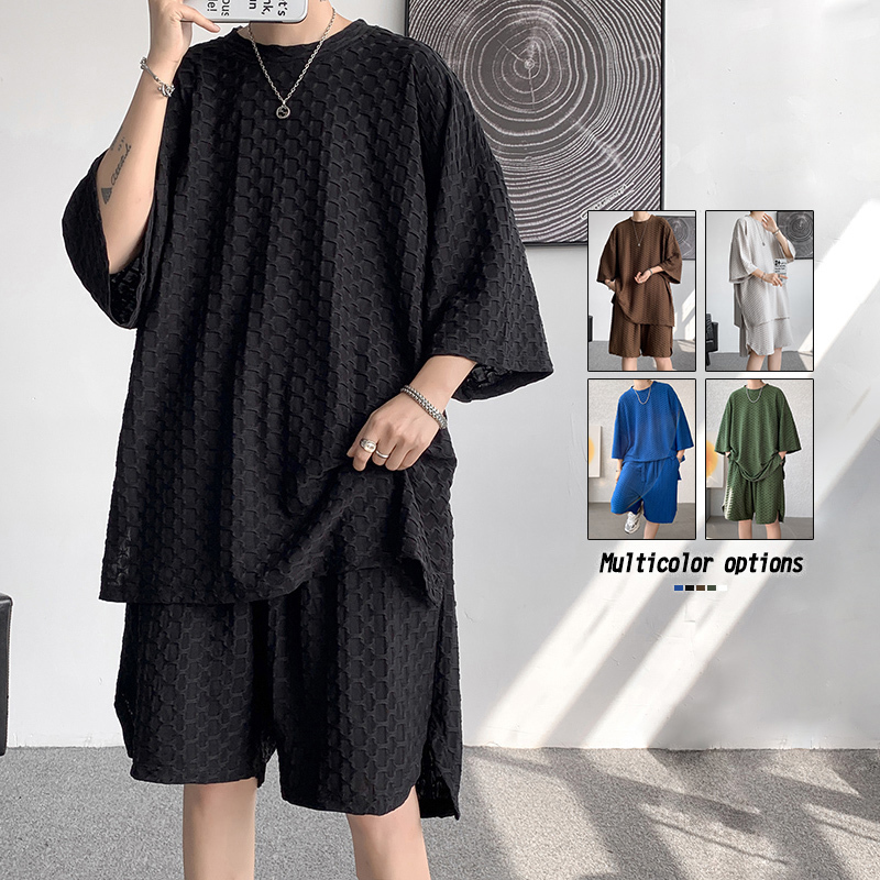 Men's Tracksuits Summer 2pcs Men's Sets Baggy Short Set Clothing Loose Stretch Solid O-Neck T Shirts and Shorts Stylish Oversize Streetwear 