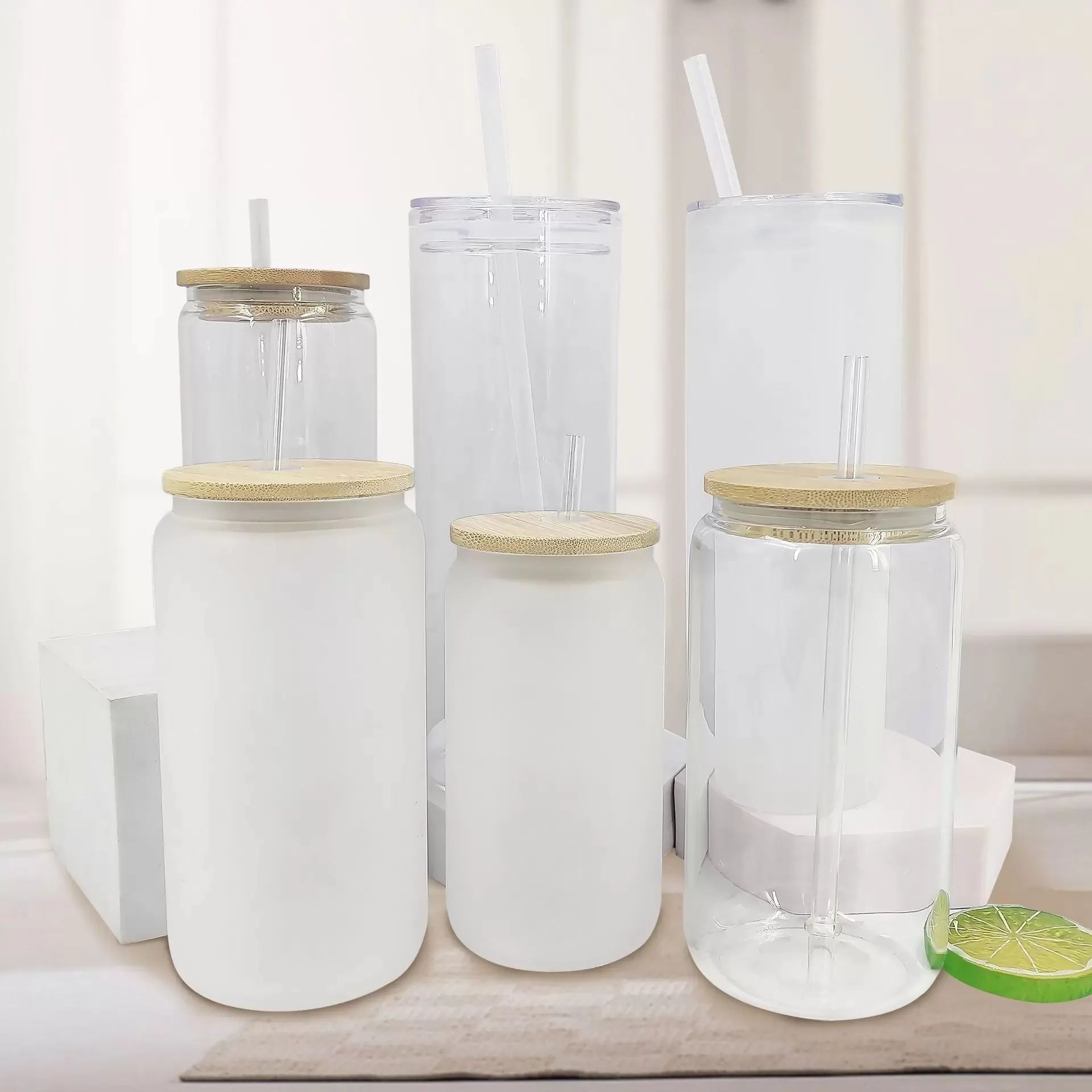 16oz Frosted Sublimation Glass Can Tumbler Clear Jar with Bamboo Lid Wide Mouth Beer Cup Festival Party Wine Tumblers