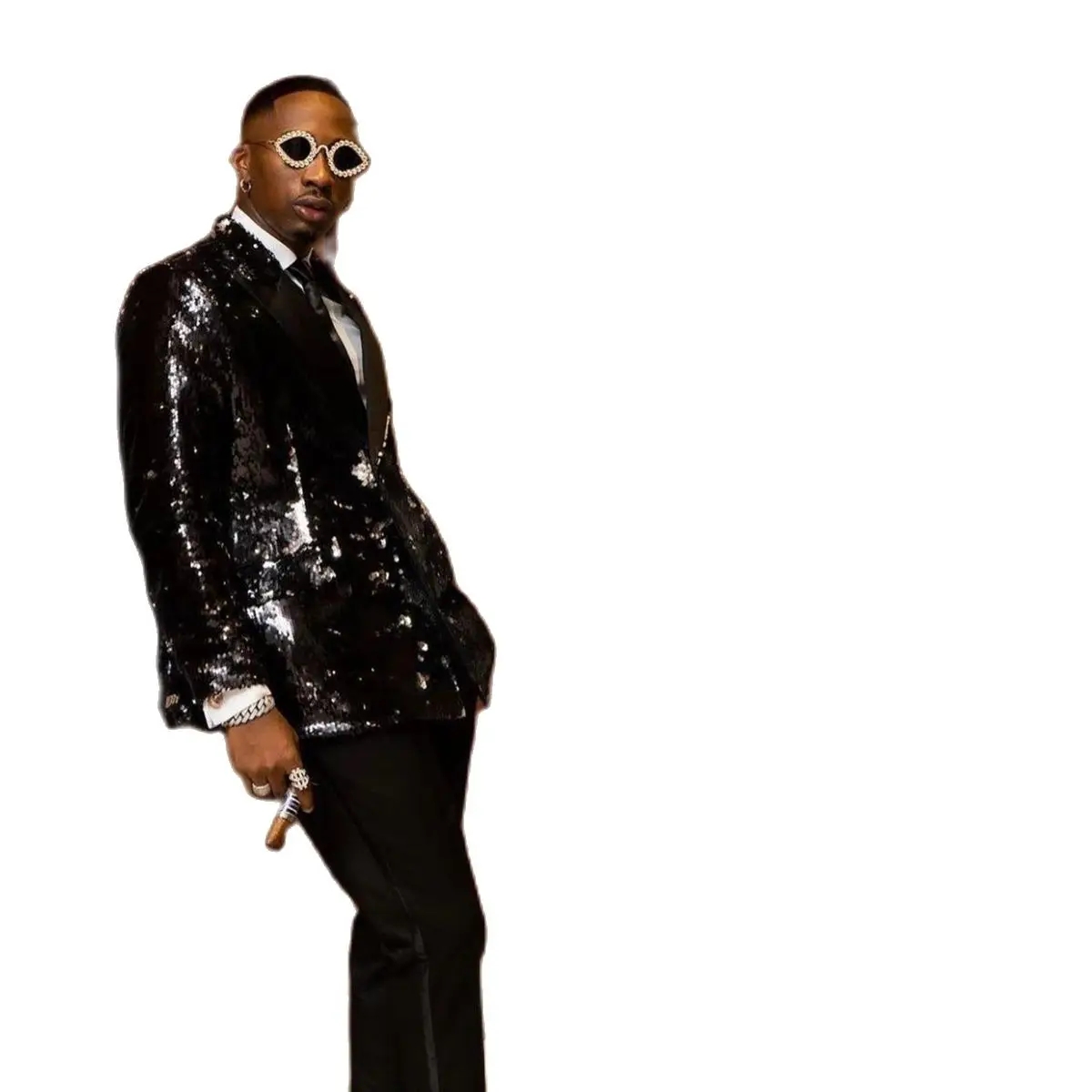 Sequined Men Suits Slim Fit 2 Pieces Double Breasted Wedding Groom Wear Tuxedos Costume Mariage Jacket Black Pants