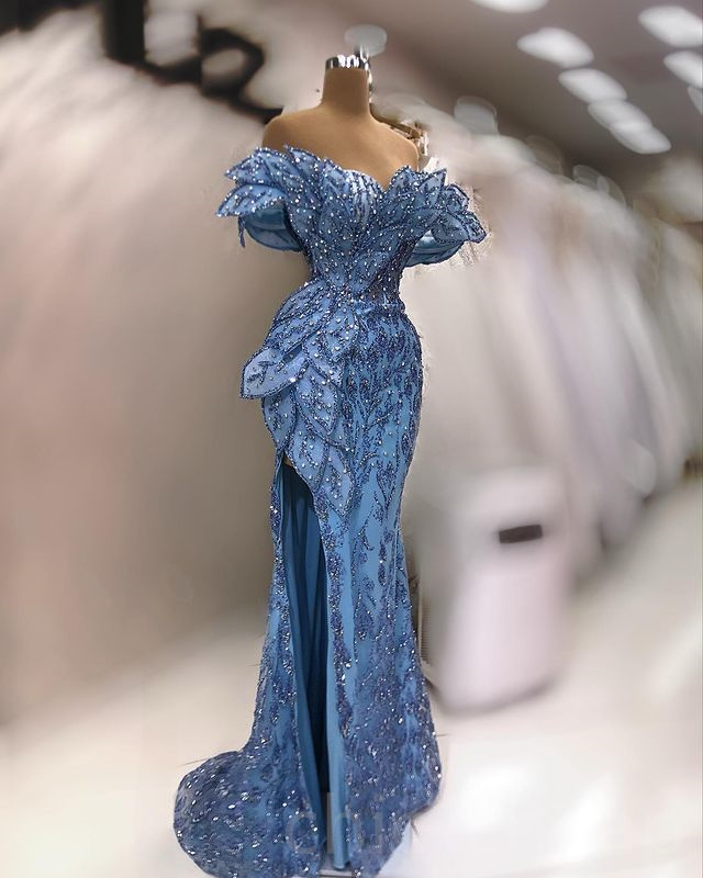 April Aso 2023 Ebi Sequined Lace Prom Beaded Mermaid Sexy Evening Formal Party Second Reception Birthday Engagement Gowns Dress Robe De Soiree ZJ643