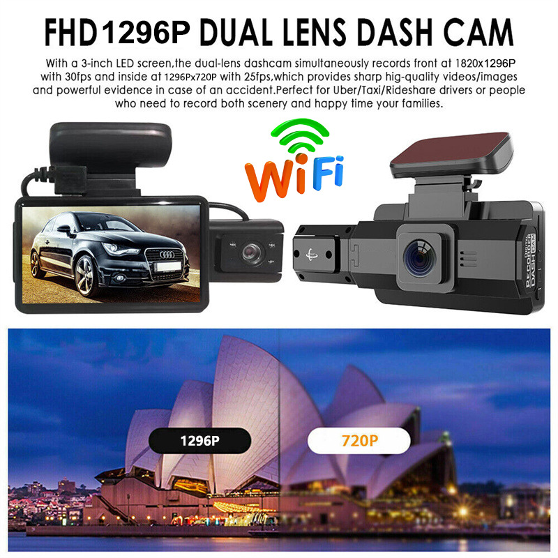 A88 WIFI 3 Inch IPS Cam 1080P Car DVR Dual Lens Dash Wide Angle Video Recorder Front with Interior or Rear Camera Night Vision