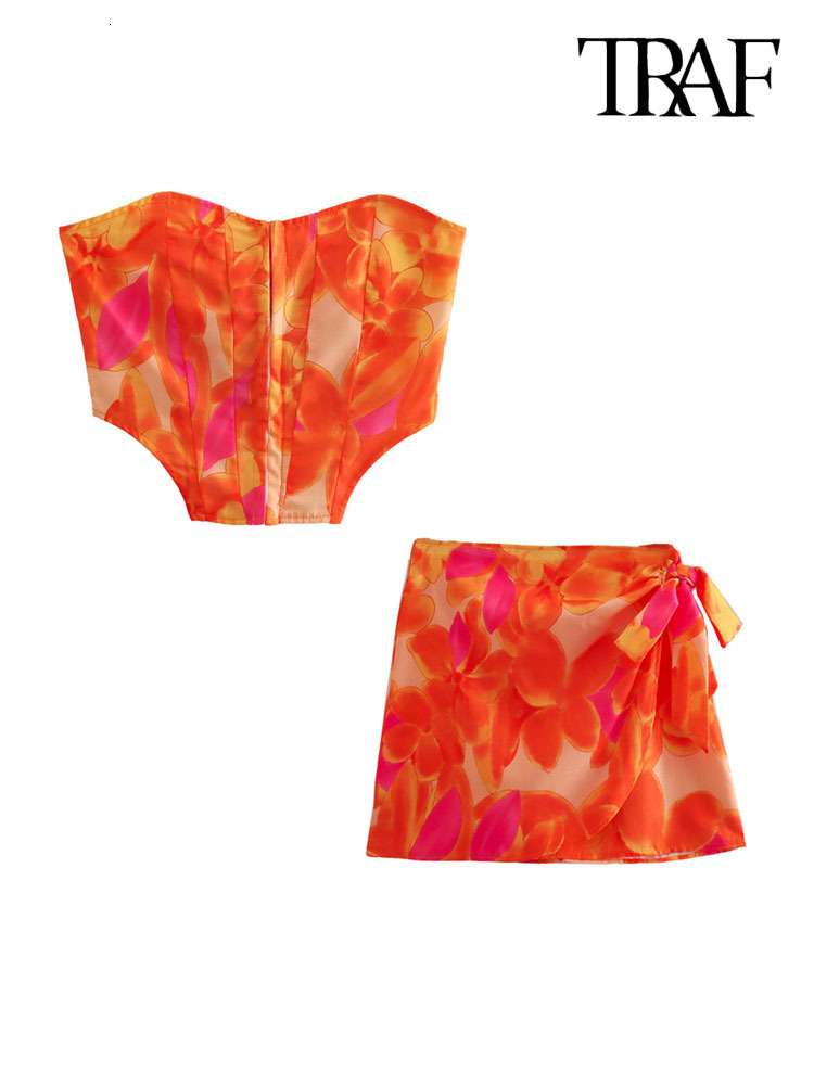 Two Piece Dress TRAF Women Fashion Front Metal Hooks Printed Bustier Tops And With Bow Tied Printed Mini Skirt Female Two Piece Sets Mujer 230424