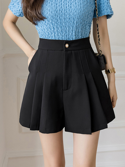 Women's Shorts Women's Shorts Folds Summer Casual Formal Shorts Big Girls High Waist Short Fashion Woman Streetwear Short Pants Black 230425