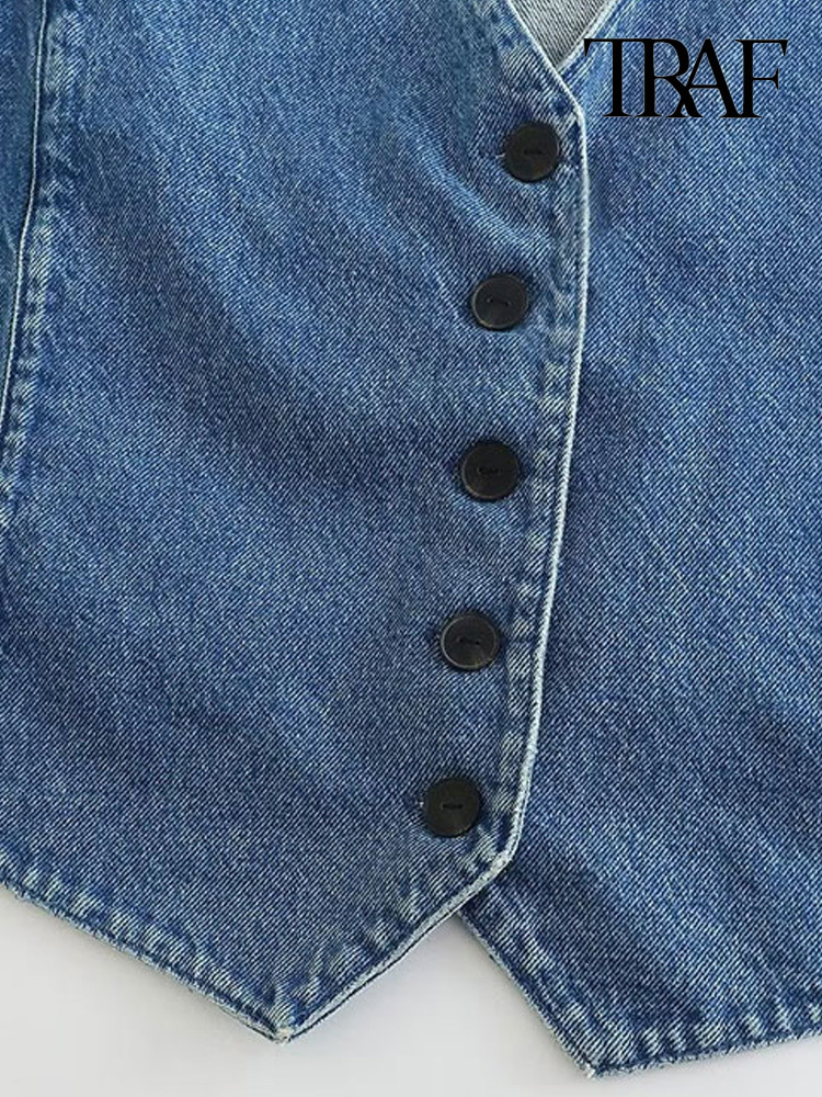 Women's Vests TRAF Women Fashion Front Button Denim Waistcoat Vintage V Neck Sleeveless Female Outerwear Chic Vest Tops 230424