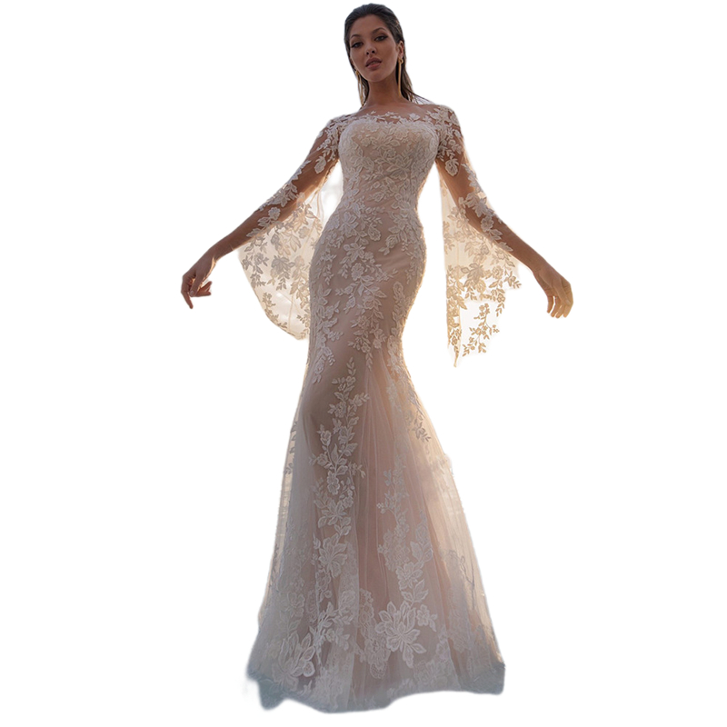 Flare Long Sleeves Mermaid Wedding Dresses Lace Appliques Back Buttons Illusion Sexy Beach Bridal Gowns 2024 Sweep Train Bohemian Bride Dress Vestido 