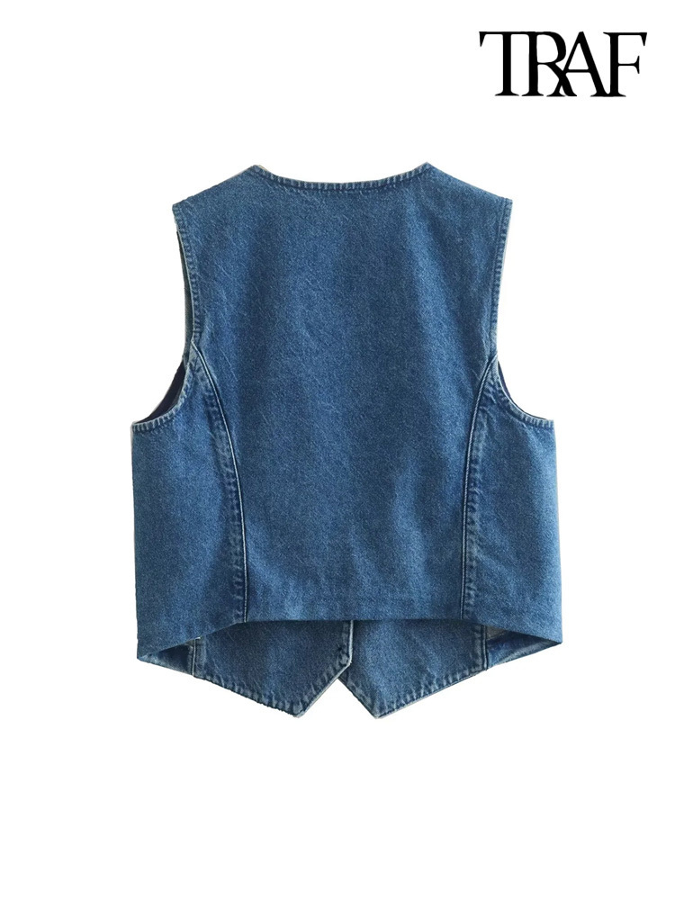Women's Vests TRAF Women Fashion Front Button Denim Waistcoat Vintage V Neck Sleeveless Female Outerwear Chic Vest Tops 230424