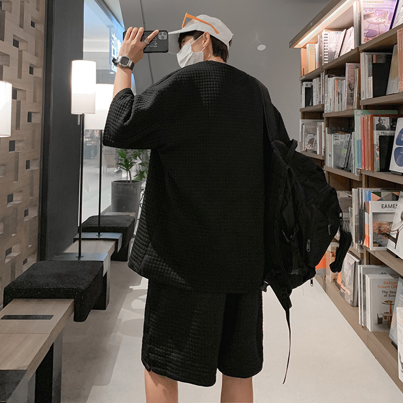 Men's Tracksuits Summer Waffle Cookie Track Set Men's 2-piece Solid Shorts Set Men's Fashion Apparel Harajuku Style Japanese Fashion Lo