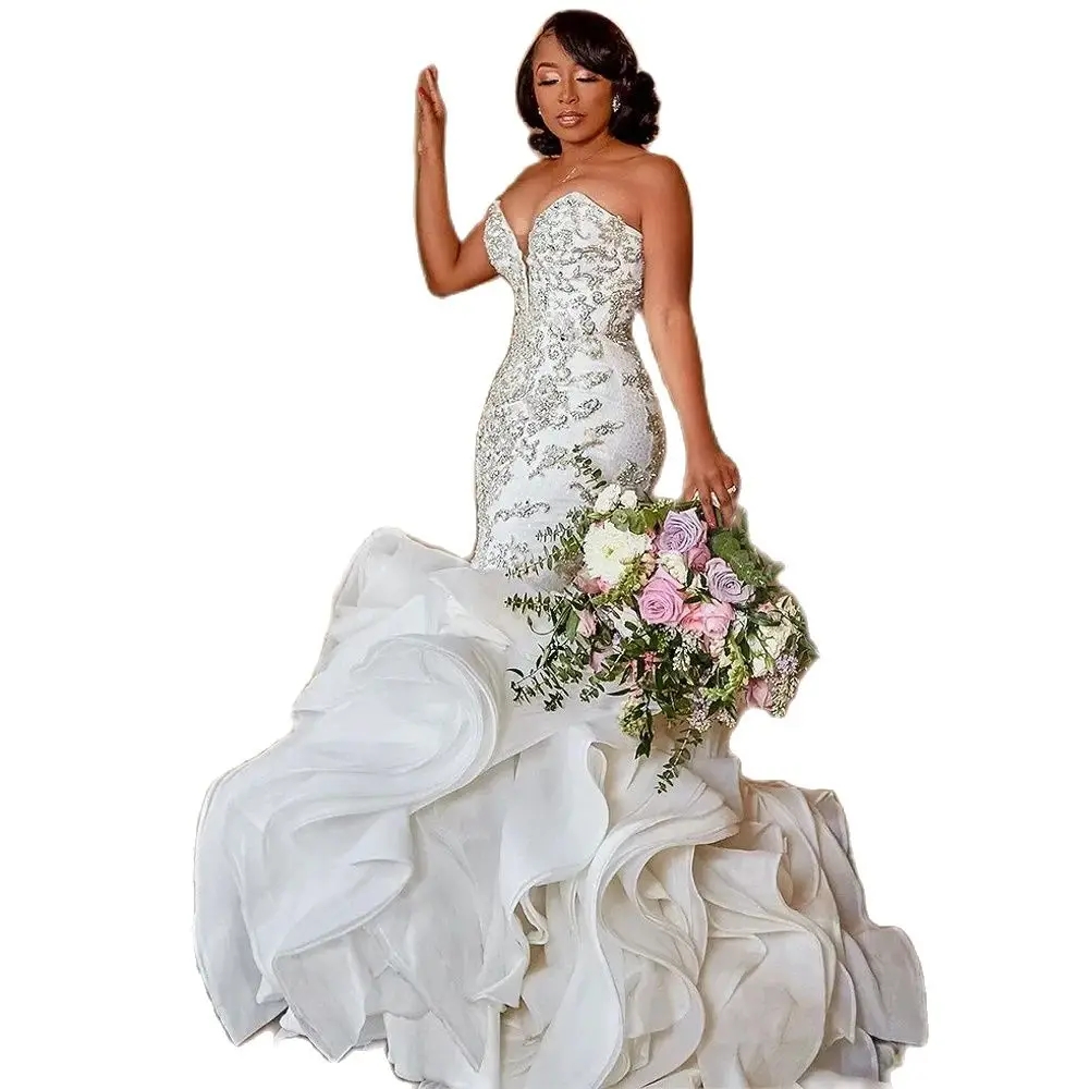 Bridal Urious Mermaid Wedding Dress Sweetheart Lace Pleated Crystal Beaded Long Ruffles Train Bride Gowns Vestidos De Novia