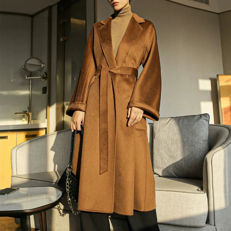 Women's Wool Blends 2023 Reversible Cashmere Coat Women Long Below The Knee HighEnd Water Ripple Autumn Winter Loose Laceup Outwear 231124
