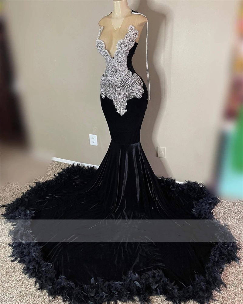 Veet Glitter Black Mermaid Prom Dresses Sheer Neck Crystal Rhies Feathers Party Gowns Homecoming Robe De Bal