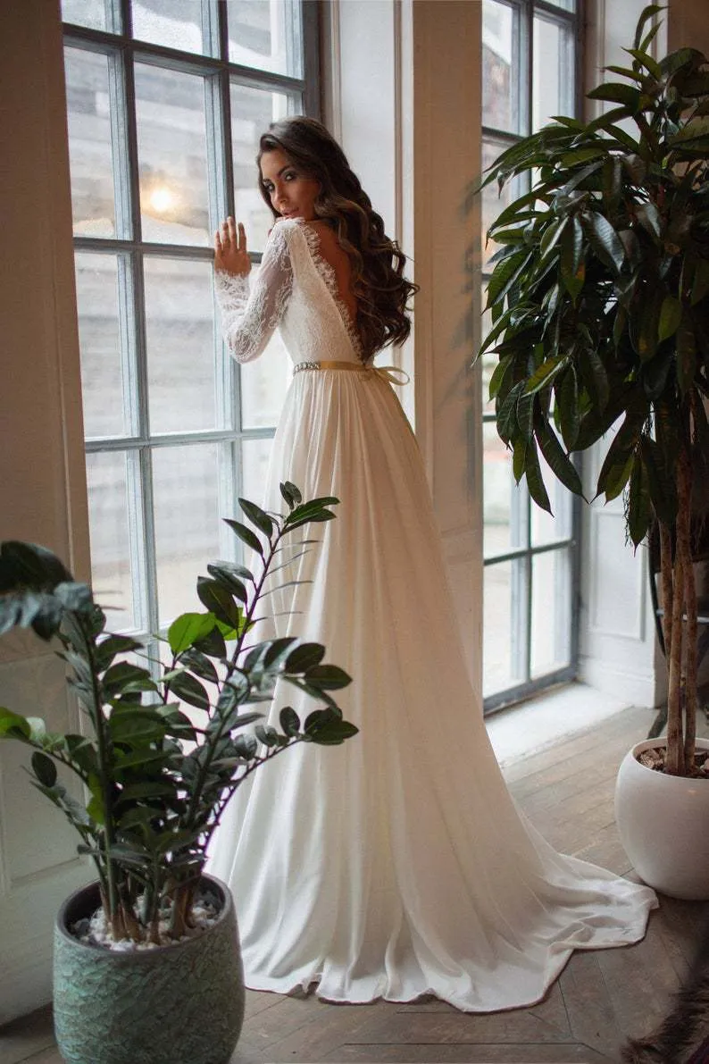 Gorgeous Wedding Dresses Bridl Gown Sclloped Neck Long Sleeves Chiffon A e Lce Beded Custom Mde Sweep Trin Plus Size Country Bech Vestido De