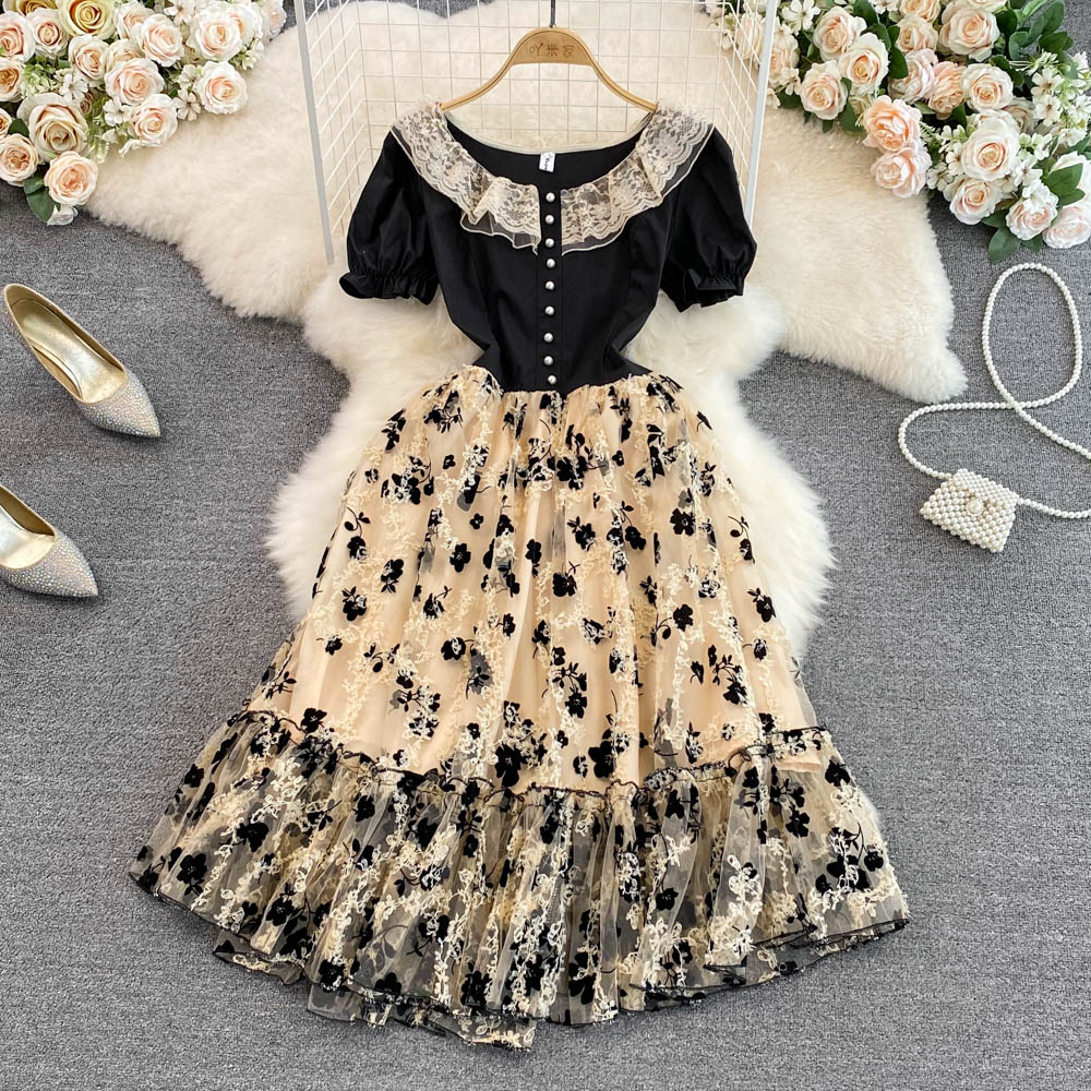 French Tea Break Dress Summer Celebrity Charm Round Neck Bubble Short Sleeve Waist Wrap Show Thin A-line Mesh Dress