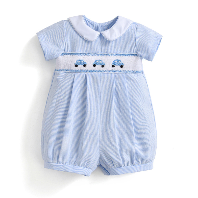 Rompers Baby Boy Smocked Blue Romper Children Embroidered Car Jumpsuit Peter Pan Collar Spanish Boutique Baby Boy Romper Clothes 230425