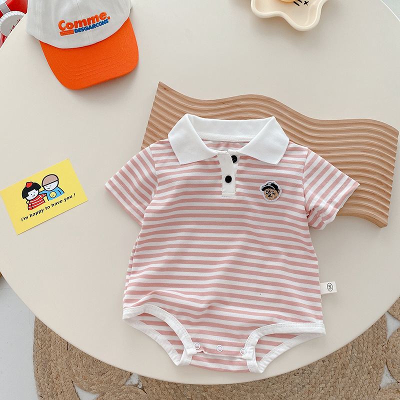 Rompers Summer born Baby Boy Clothes Short Sleeve Turn Down Collar Striped Romper Jumpsuit Outfits One-Pieces Suit 0-24M 230425