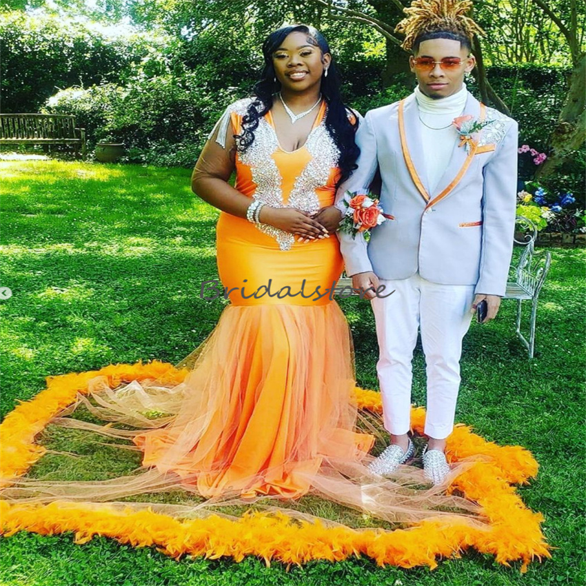 Plus Size Orange Feather Prom Dress For Black Girls Luxury Beaded Long Sleeve Birthday Evening Gowns Sexy V Neck Formal Occasion Graduation Party Dres