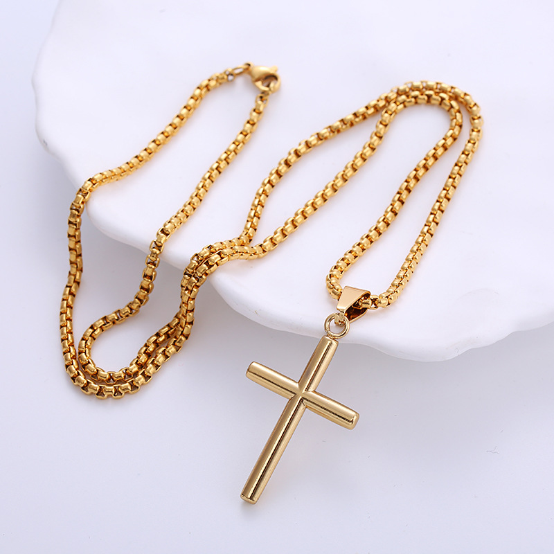 Women Mens Smooth Cross Pendant Necklace Simple Fashion Gold Stainless Steel Box Rolo Chain Jewelry for Friends Boyfriends Girlfriends Gifts