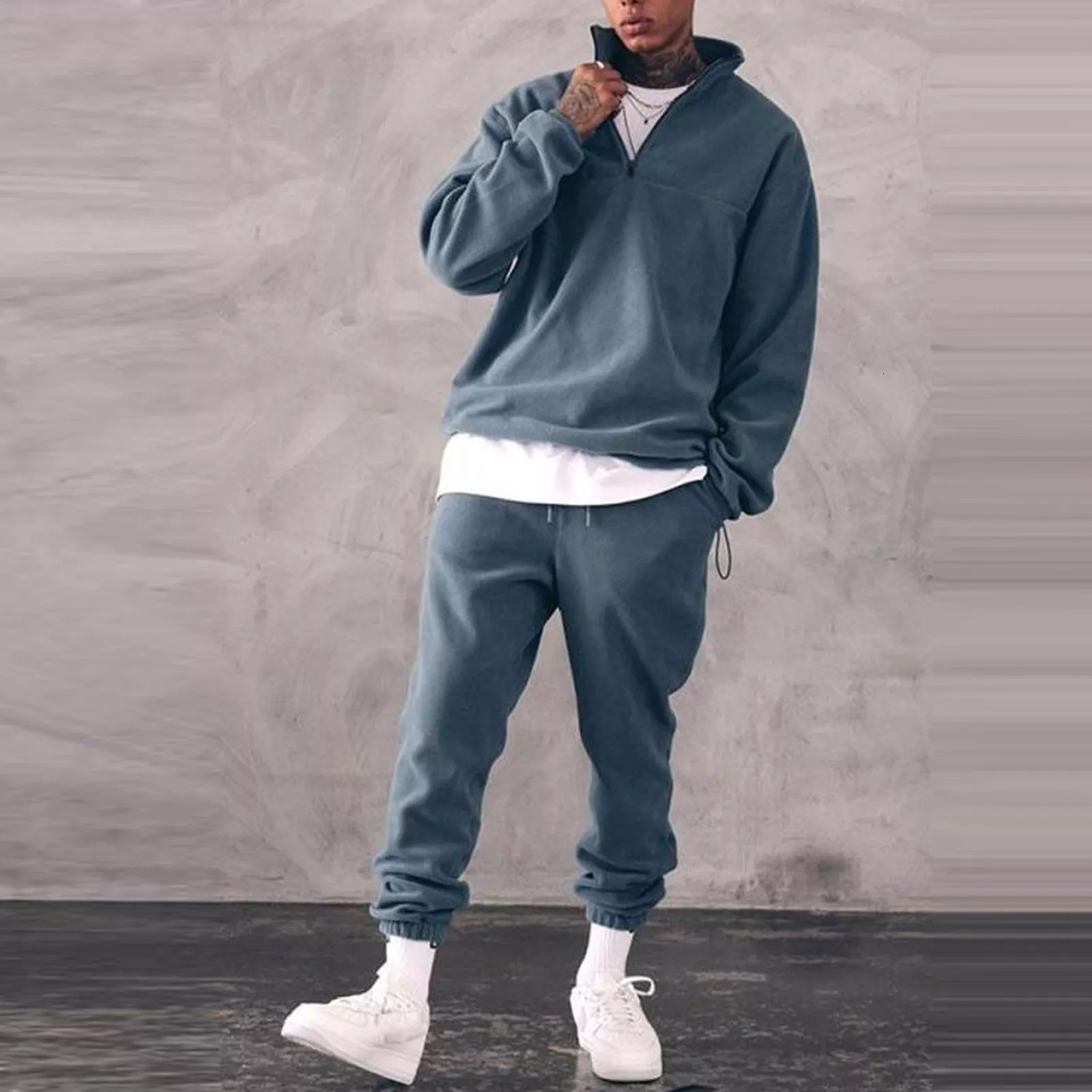 Men's Tracksuits Set Men Winter Warm Fashion Men's Jogger Tracksuit Solid Stand Collar Sweatshirt Casual 2 Pieces Sports Suits 230425