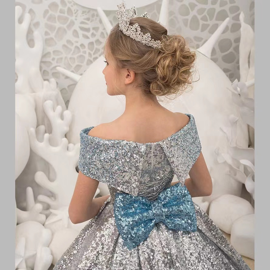 2023 Flower Girl Dresses for wedding sequined off shoulder big bow backless Kids Pageant Dress beaded Girls baby Birthday Party birthday party Christm