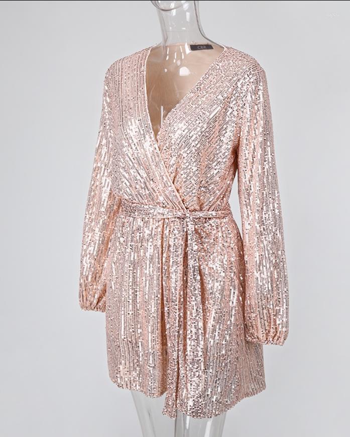 Casual Dresses Evening Dress Sequin V-Neck Long Sleeve Wrap Sexy Party Mini Elegant For Women